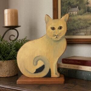 Vintage Primitive Folk Art Wood Cat Sculpture Signed 1988 OOAK 1 of 1 Rare 14.5"